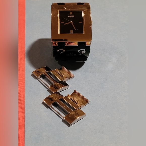 Square Face Guess Watch Black and Silver Fleur de lis Pattern - Picture 3 of 6